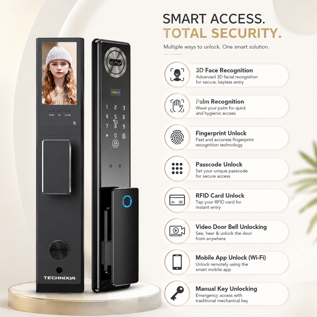 Technixia TAS04 PRO Smart WiFi Door Lock with 3D Face Recognition & Palm Recognition