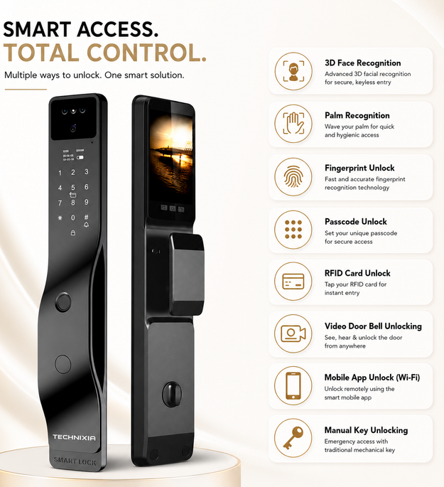 Technixia TAS06 PRO Smart WiFi Door Lock | Face, Palm & Fingerprint