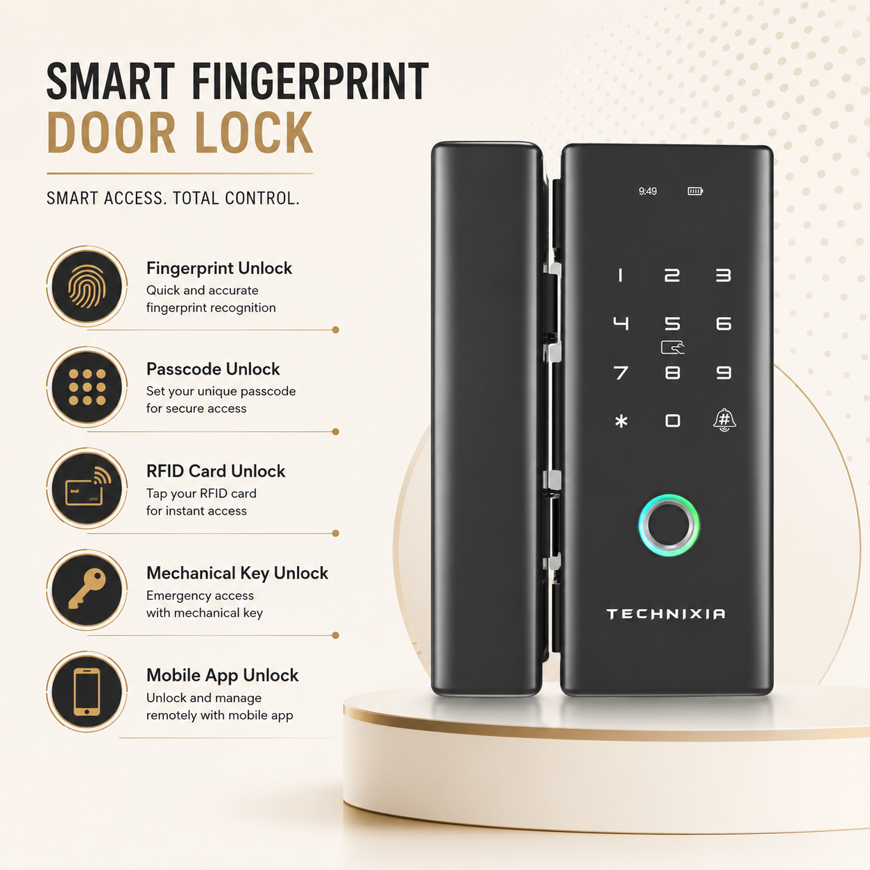Technixia Smart Glass Door Lock with Fingerprint, RFID & WiFi Mobile App Control