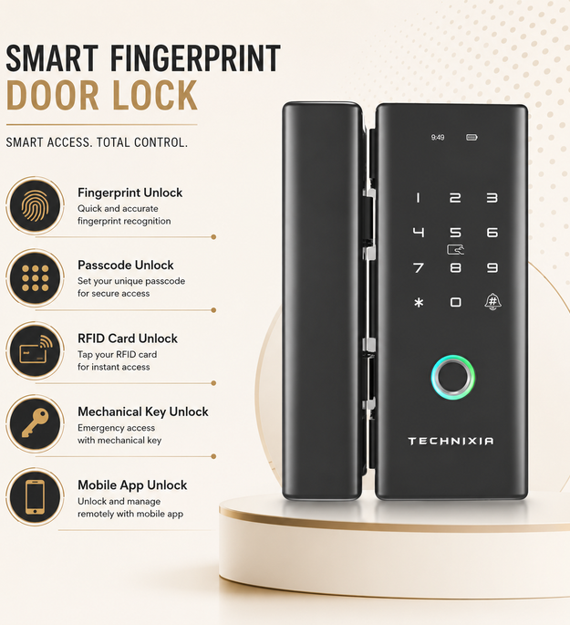 Technixia Smart Glass Door Lock with Fingerprint, RFID & WiFi Mobile App Control