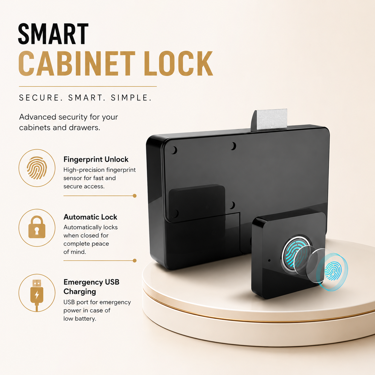 Technixia Smart Fingerprint Cabinet Lock with USB Emergency Charging