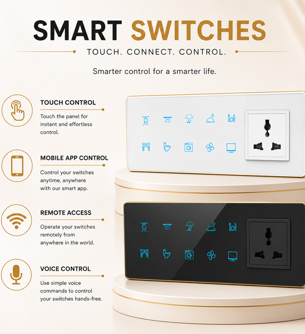 Technixia Lustre Series Smart WiFi Glass Touch Switch with Mobile App & Voice Control